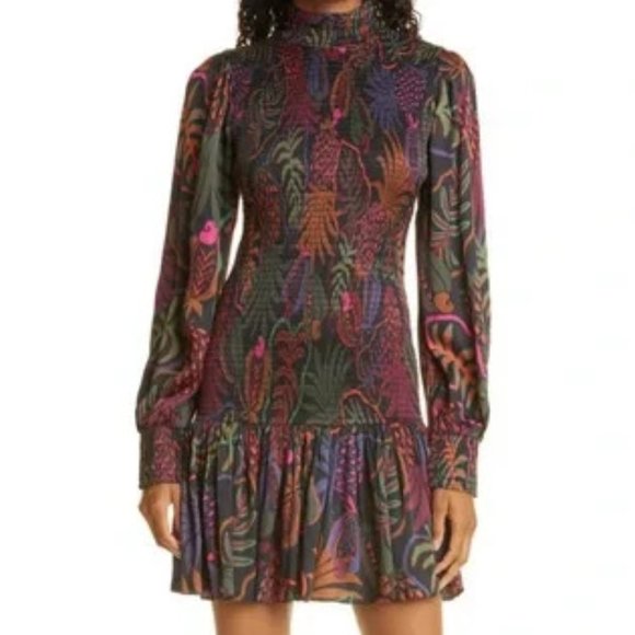 FARM Rio Dresses & Skirts - Farm Rio Frutis Dream Print Long Sleeve Black Smocked Mini Dress. SZ S